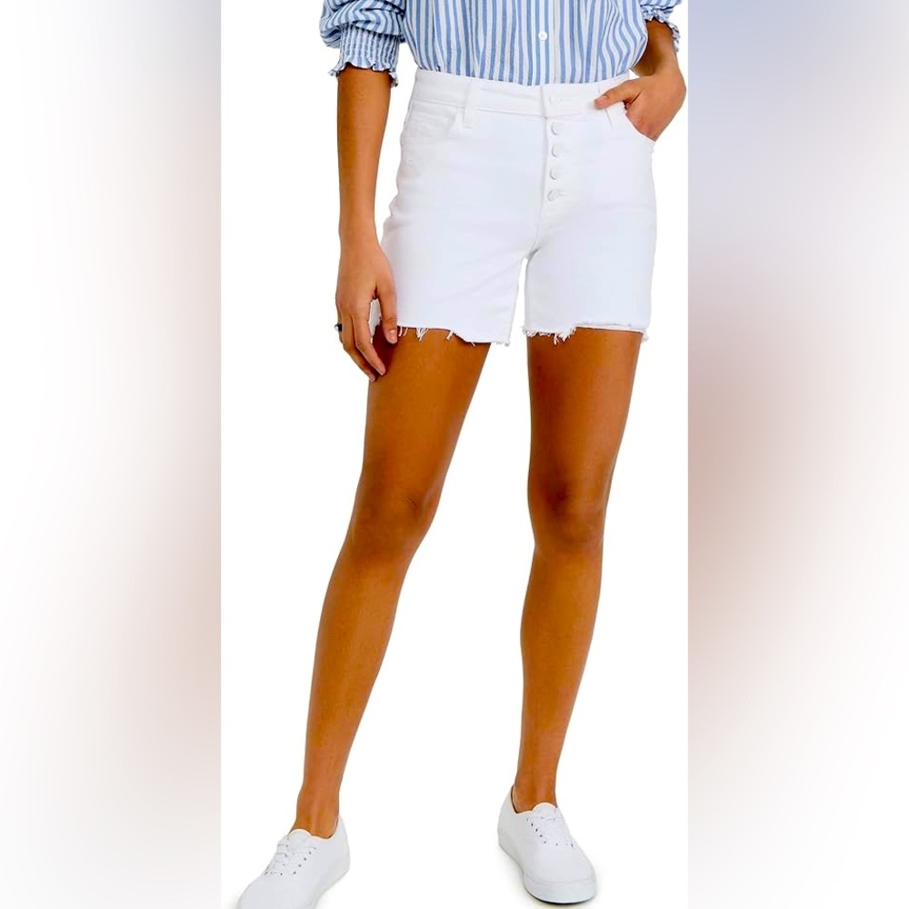 PAIGE Sarah Longline Shorts Raw Hem Destructed Distressed Wild White Sz 30